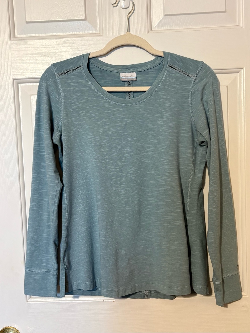 Columbia Women's Size S Teal Heathered Top Long Sleeve Pullover Lattice Accent